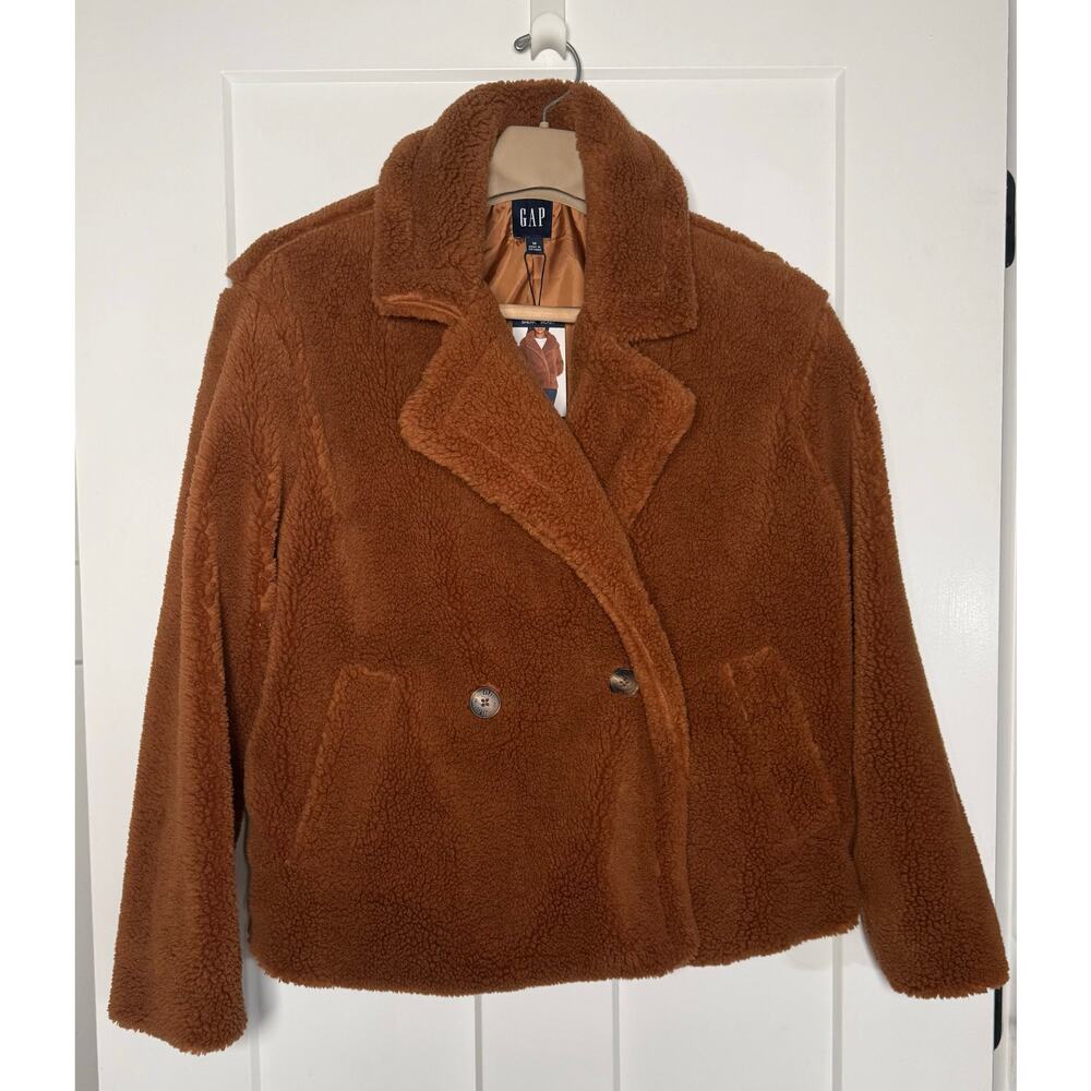 GAP Sherpa Jacket Brown Womens MEDIUM Button Closure Pockets Lined Argan Oil